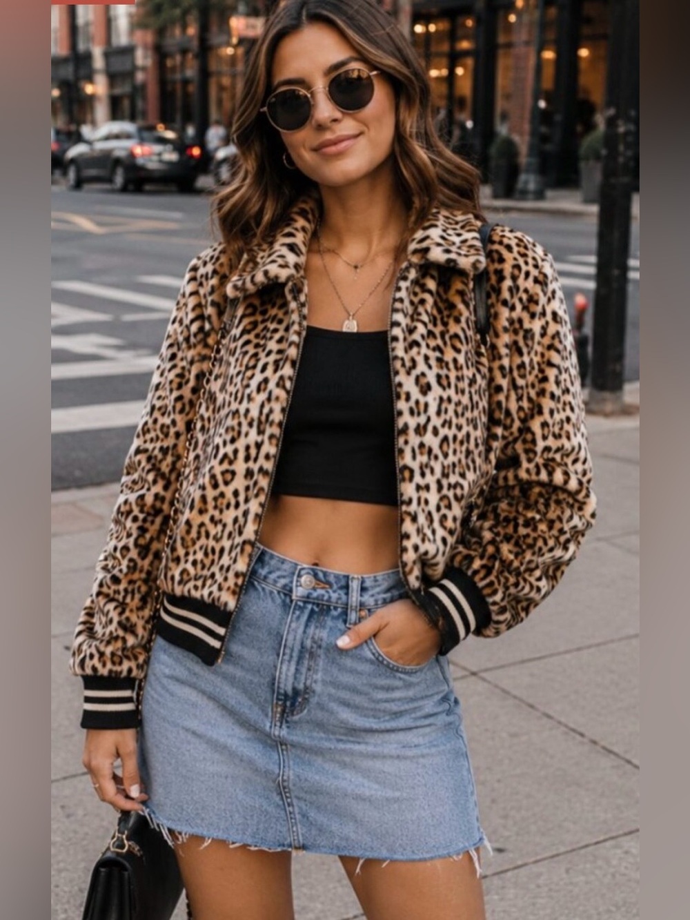 Hot Topic Leopard Print Faux Fur Bomber Jacket - Tan/Black